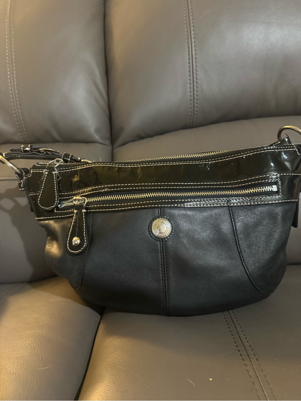 Coach Black Leather shoulder Bag with Silver Accents
